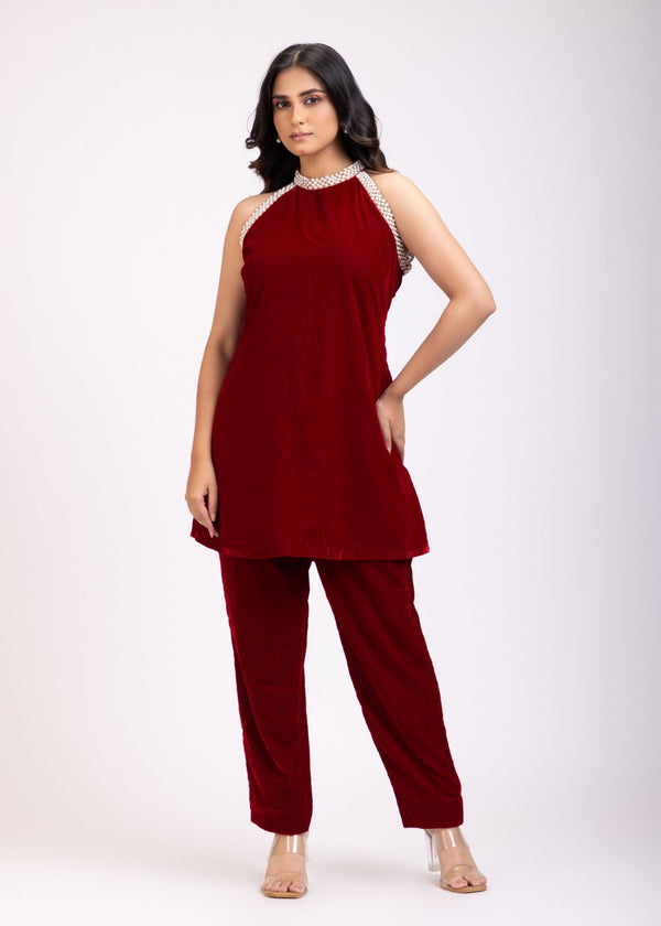 Maroon Velvet Pearl Embroidered Halter Neck Short Kurti Set - Anvi Couture