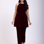 Maroon Velvet Pearl Embroidered Short Kurta Set full