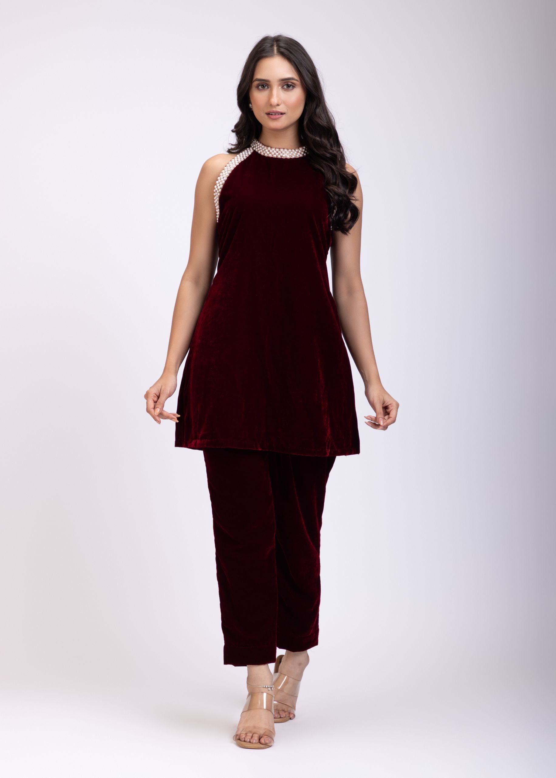 Maroon Velvet Pearl Embroidered Short Kurta Set full