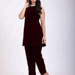 Maroon Velvet Pearl Embroidered Short Kurta Set front