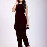 Maroon Velvet Pearl Embroidered Short Kurta Set front