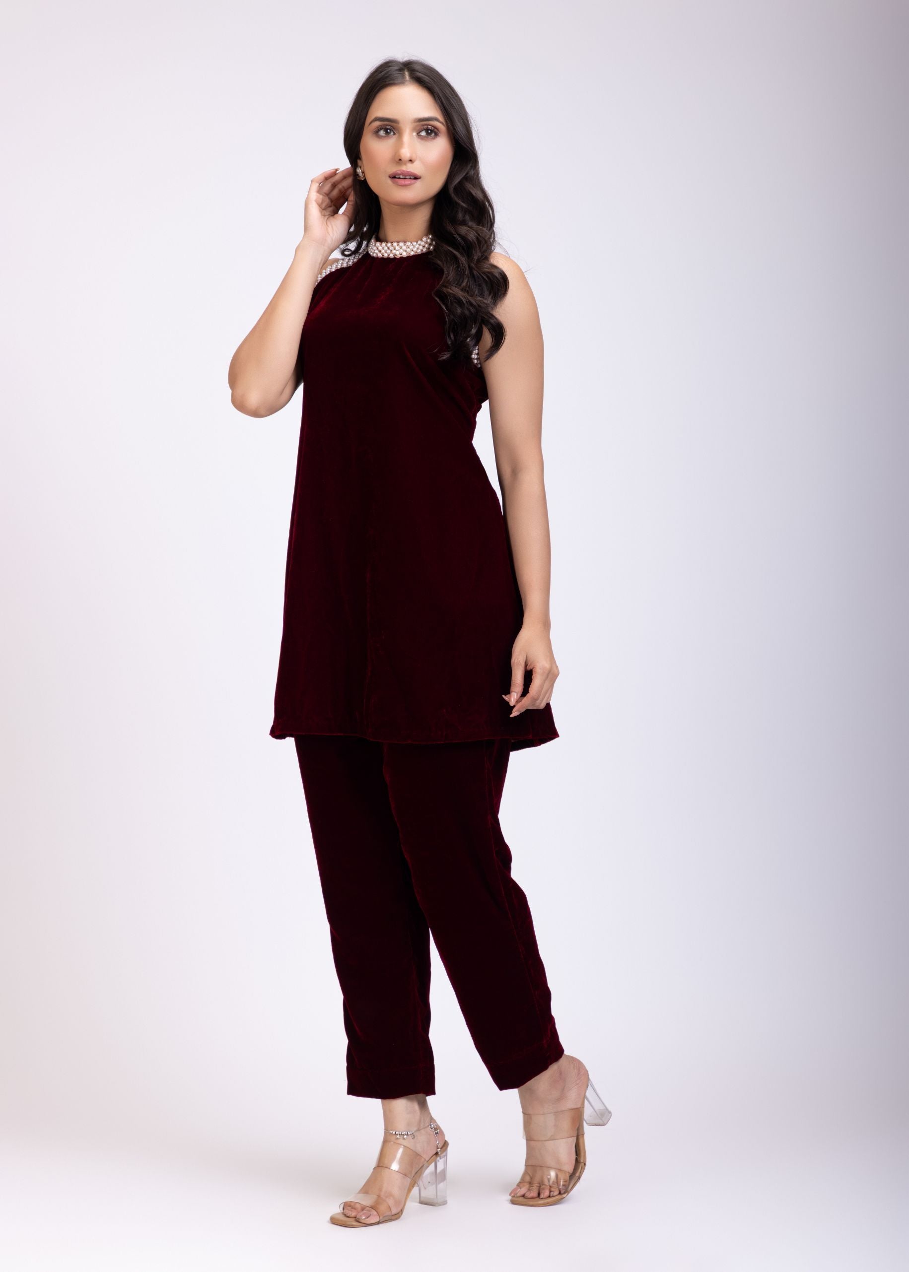 Maroon Velvet Pearl Embroidered Short Kurta Set front