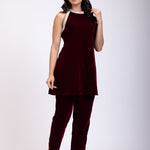 Maroon Velvet Pearl Embroidered Short Kurta Set side