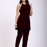 Maroon Velvet Pearl Embroidered Short Kurta Set side