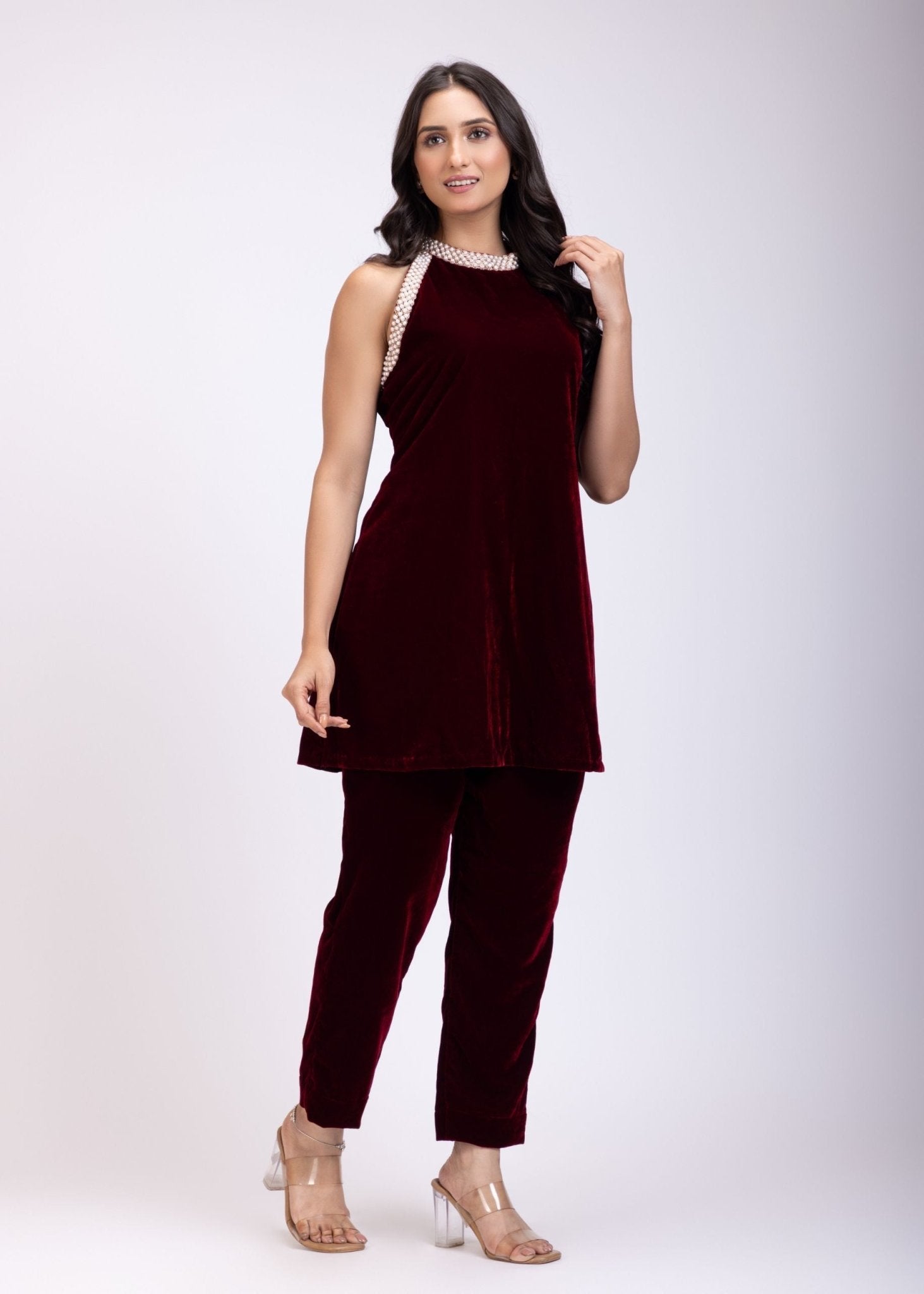 Maroon Velvet Pearl Embroidered Short Kurta Set - Anvi Couture