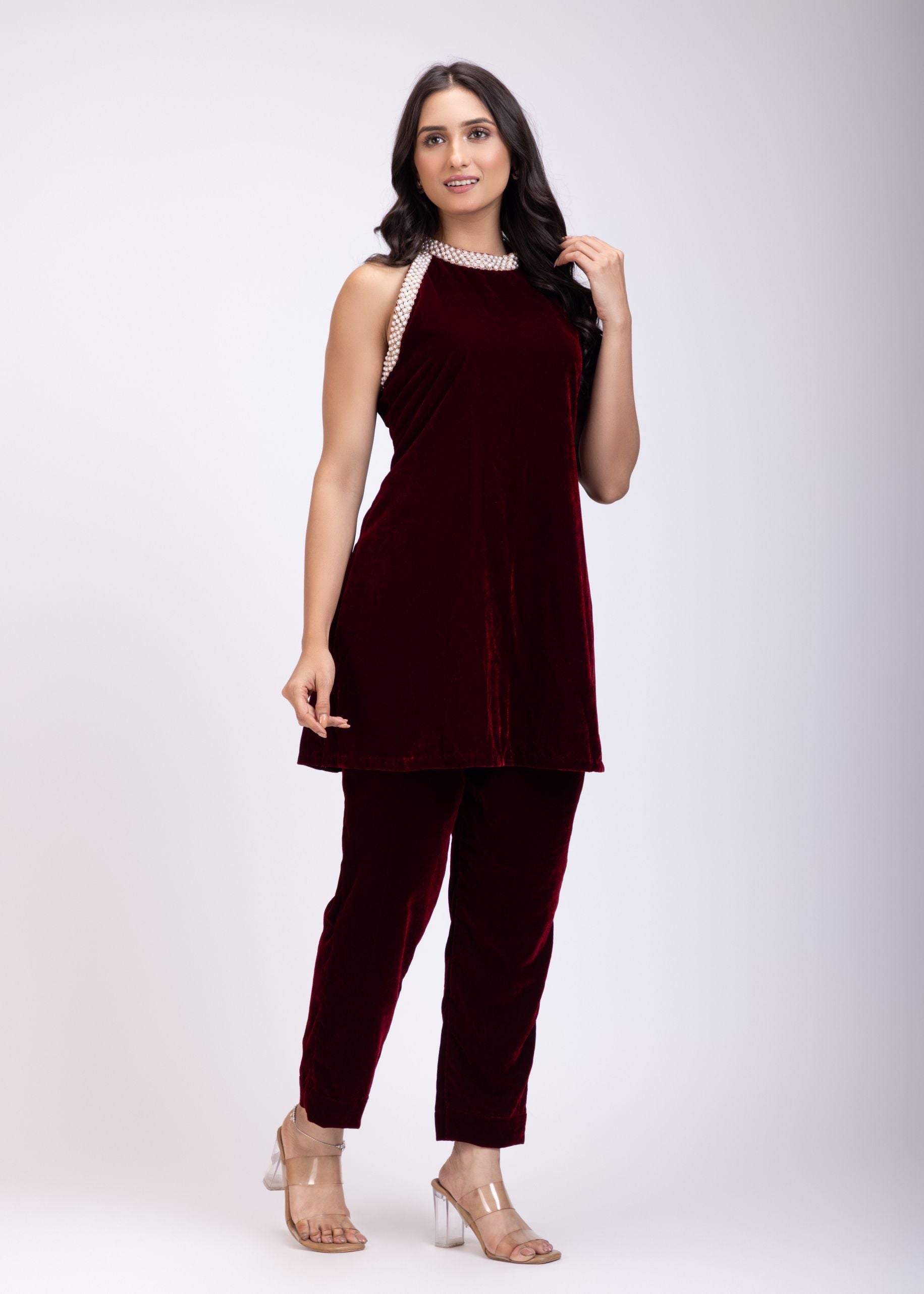 Maroon Velvet Pearl Embroidered Short Kurta Set side