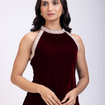 Maroon Velvet Pearl Embroidered Short Kurta Set close up
