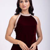 Maroon Velvet Pearl Embroidered Short Kurta Set close up