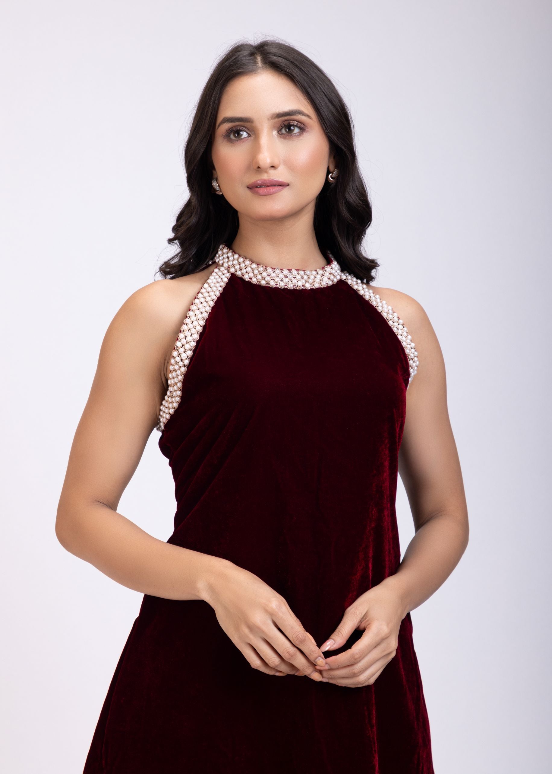 Maroon Velvet Pearl Embroidered Short Kurta Set close up