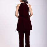 Maroon Velvet Pearl Embroidered Short Kurta Set back