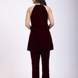 Maroon Velvet Pearl Embroidered Short Kurta Set back