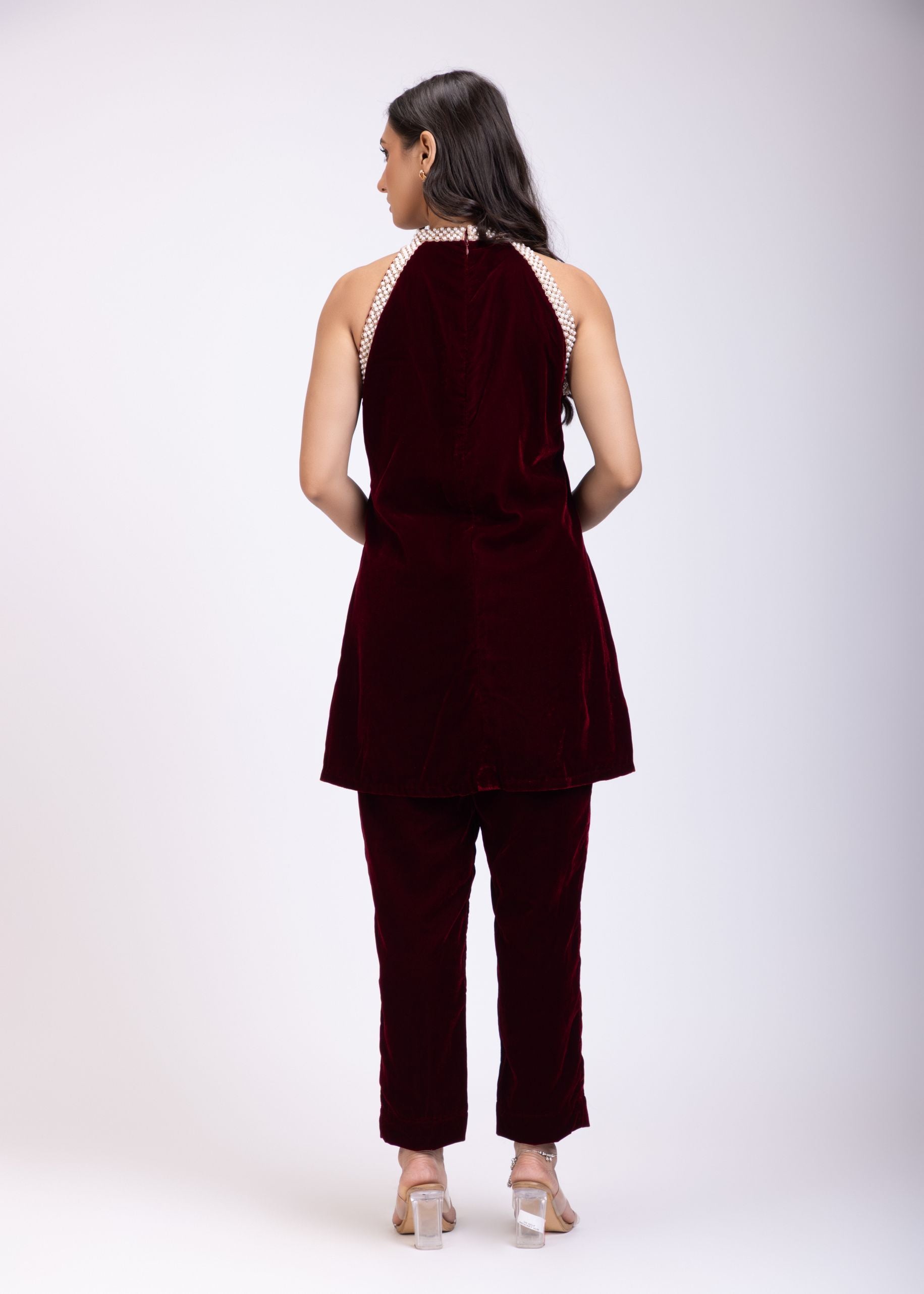 Maroon Velvet Pearl Embroidered Short Kurta Set back