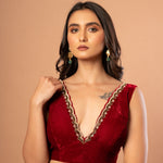 Maroon Velvet V Neck Blouse with Hand Embroidered Work - Anvi Couture - front 1