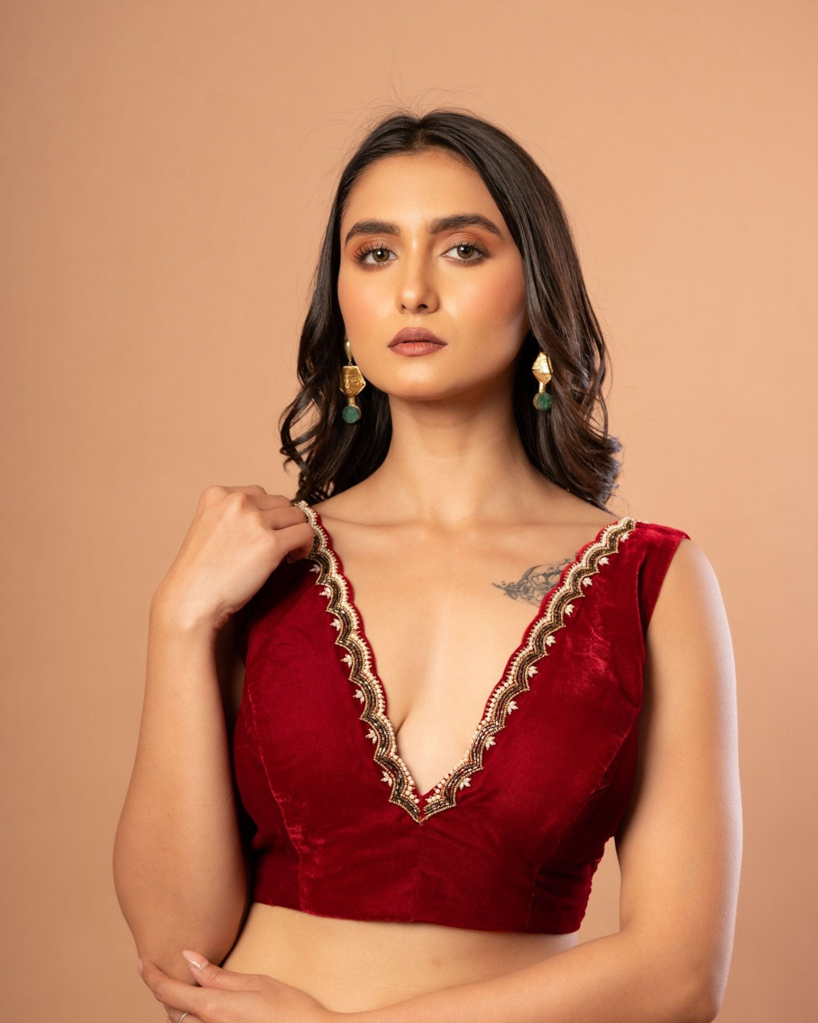Maroon Velvet V Neck Blouse with Hand Embroidered Work - Anvi Couture - front 1