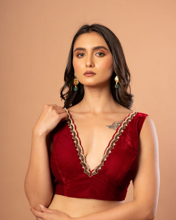Maroon Velvet V Neck Blouse with Hand Embroidered Work - Anvi Couture - front 1