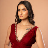 Maroon Velvet V Neck Blouse with Hand Embroidered Work - Anvi Couture - front 2