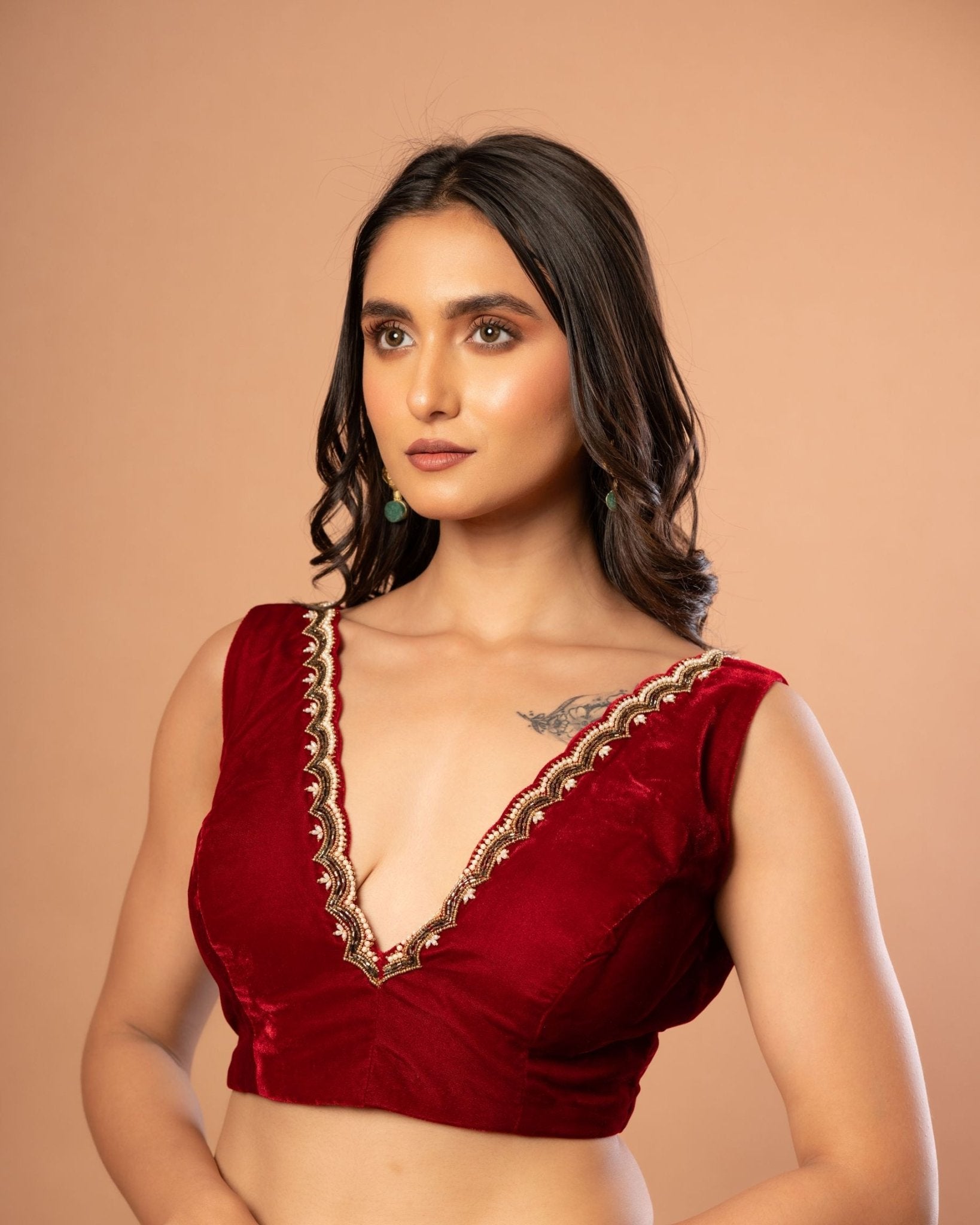 Maroon Velvet V Neck Blouse with Hand Embroidered Work - Anvi Couture
