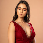 Maroon Velvet V Neck Blouse with Hand Embroidered Work - Anvi Couture - front 3
