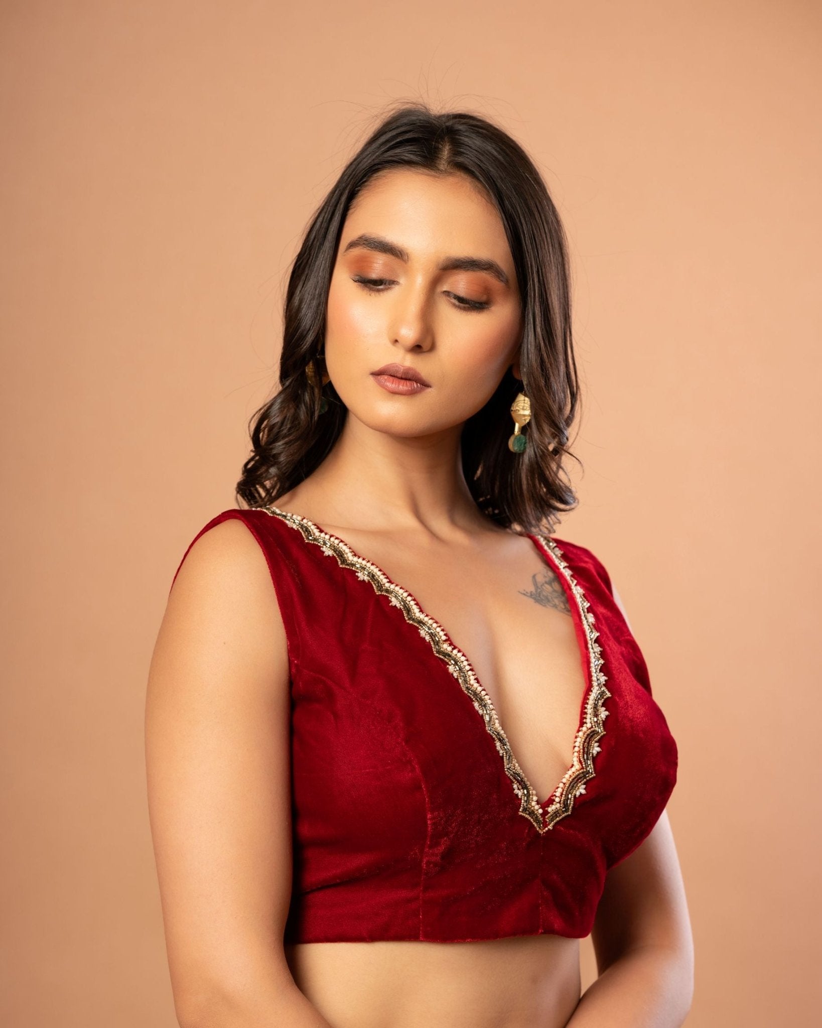 Maroon Velvet V Neck Blouse with Hand Embroidered Work - Anvi Couture