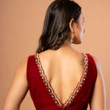 Maroon Velvet V Neck Blouse with Hand Embroidered Work - Anvi Couture - back