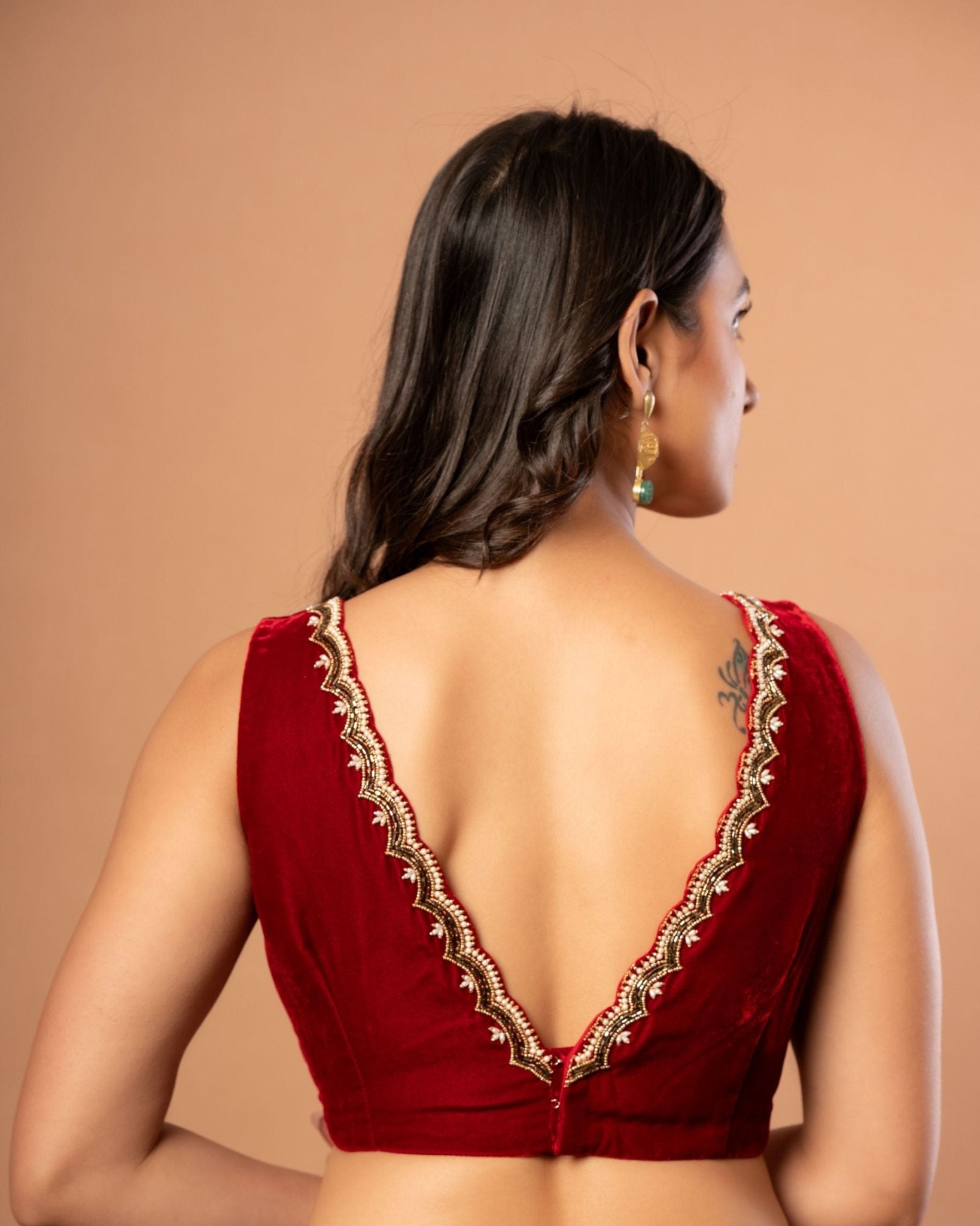 Maroon Velvet V Neck Blouse with Hand Embroidered Work - Anvi Couture - back