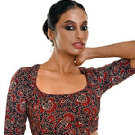Maroon and Black Ajrakh Print Pure Cotton Saree Blouse -Anvi Couture