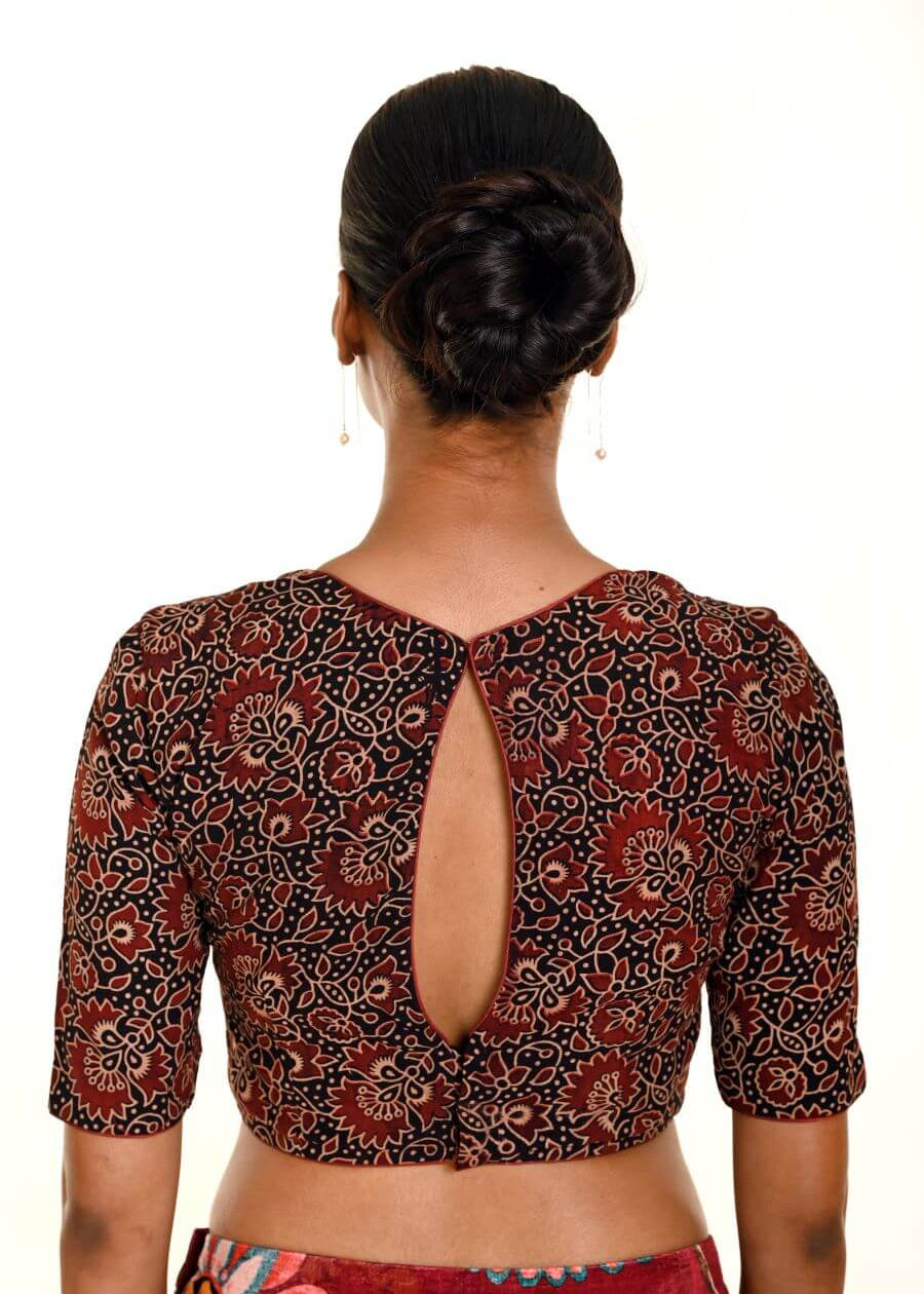 Maroon and Black Ajrakh Print Pure Cotton Saree Blouse -Anvi Couture