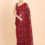 Maroon and Golden Color Pure Bangladeshi Dhakai Jamdani Saree Front