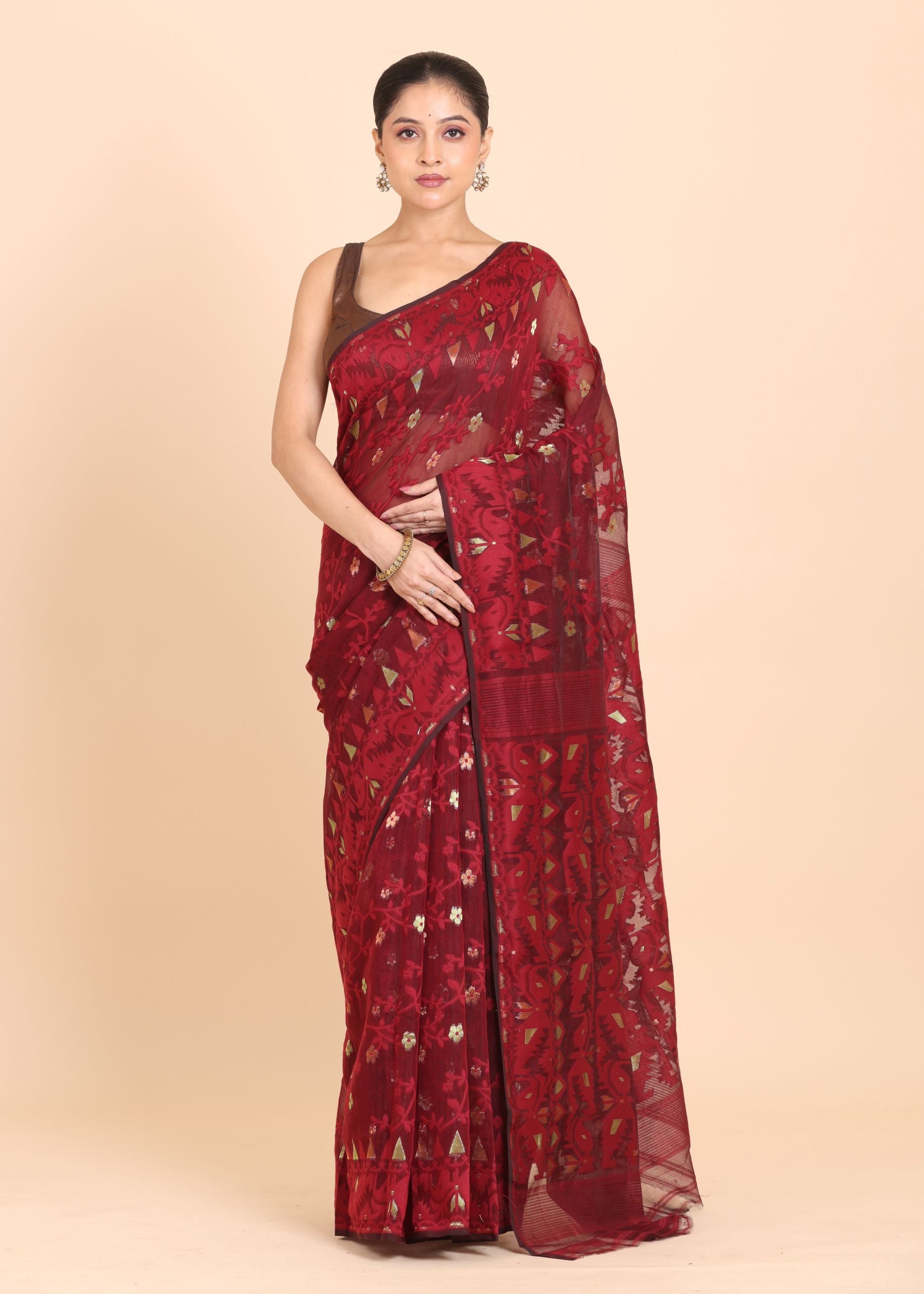 Maroon and Golden Color Pure Bangladeshi Dhakai Jamdani Saree Front