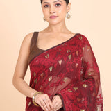 Maroon and Golden Color Pure Bangladeshi Dhakai Jamdani Saree Close up