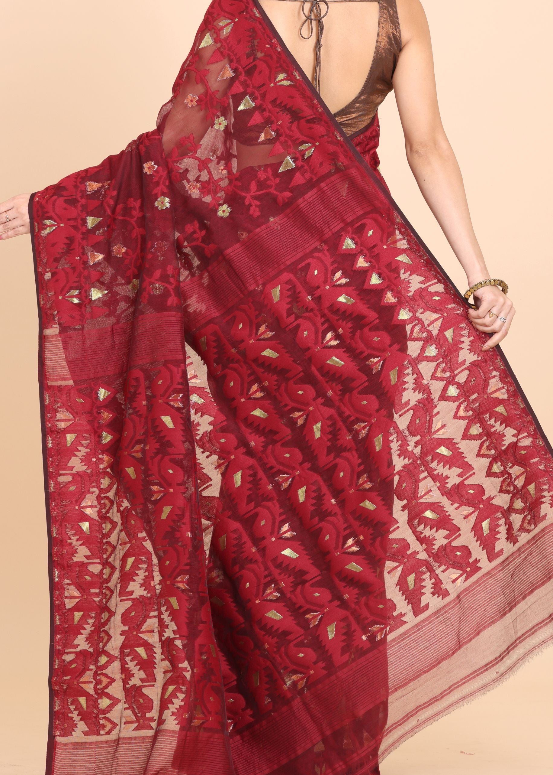 Maroon and Golden Color Pure Bangladeshi Dhakai Jamdani Saree Back