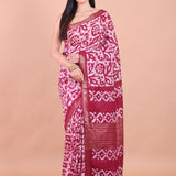 Maroon and White Batik Printed Silk Saree full