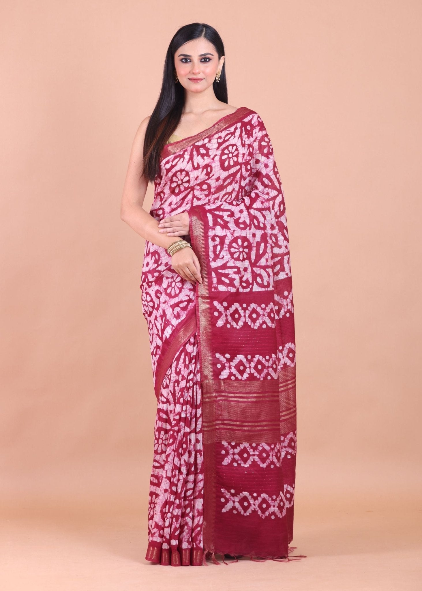 Maroon and White Batik Printed Silk Saree - Anvi Couture