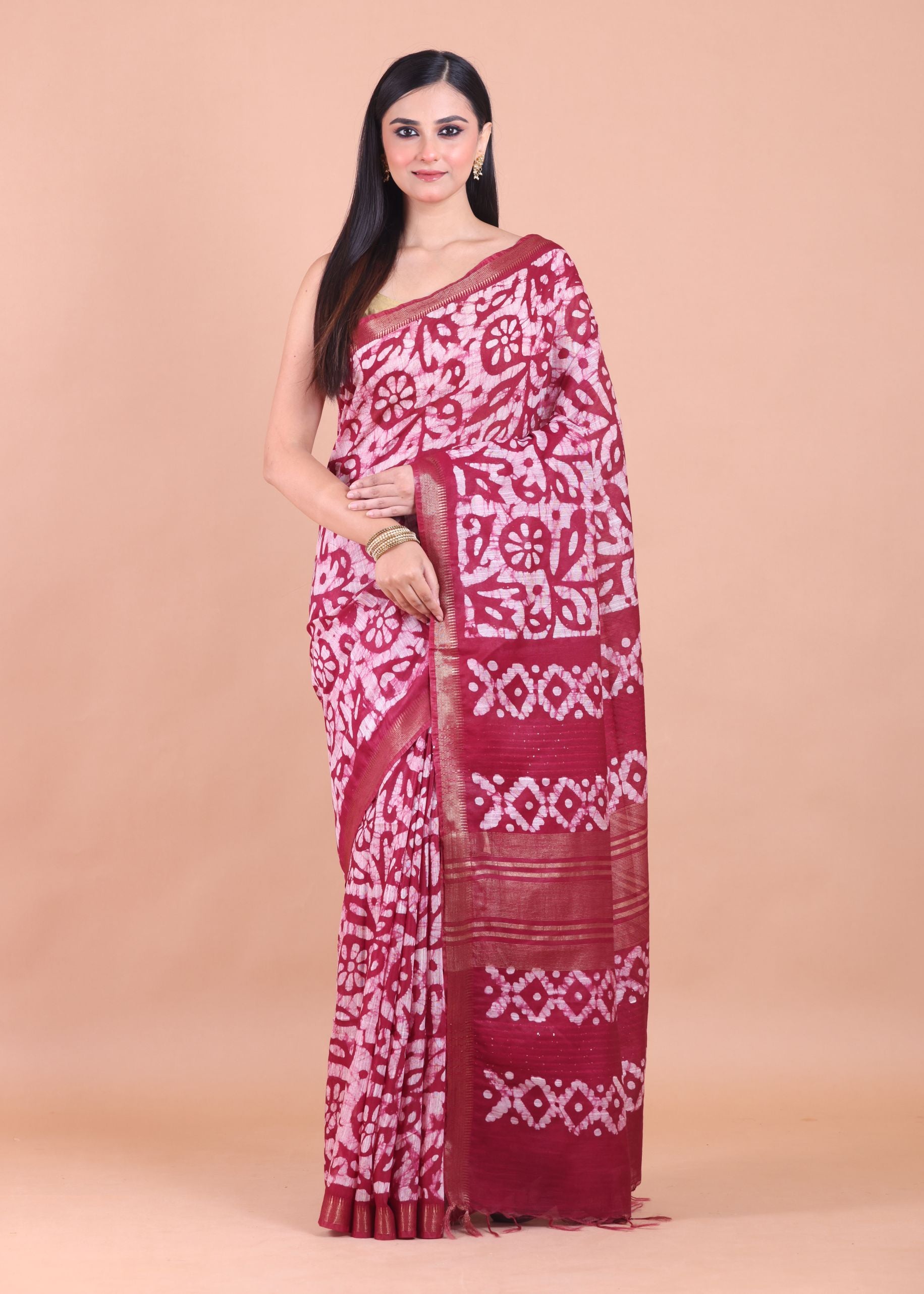 Maroon and White Batik Printed Silk Saree full