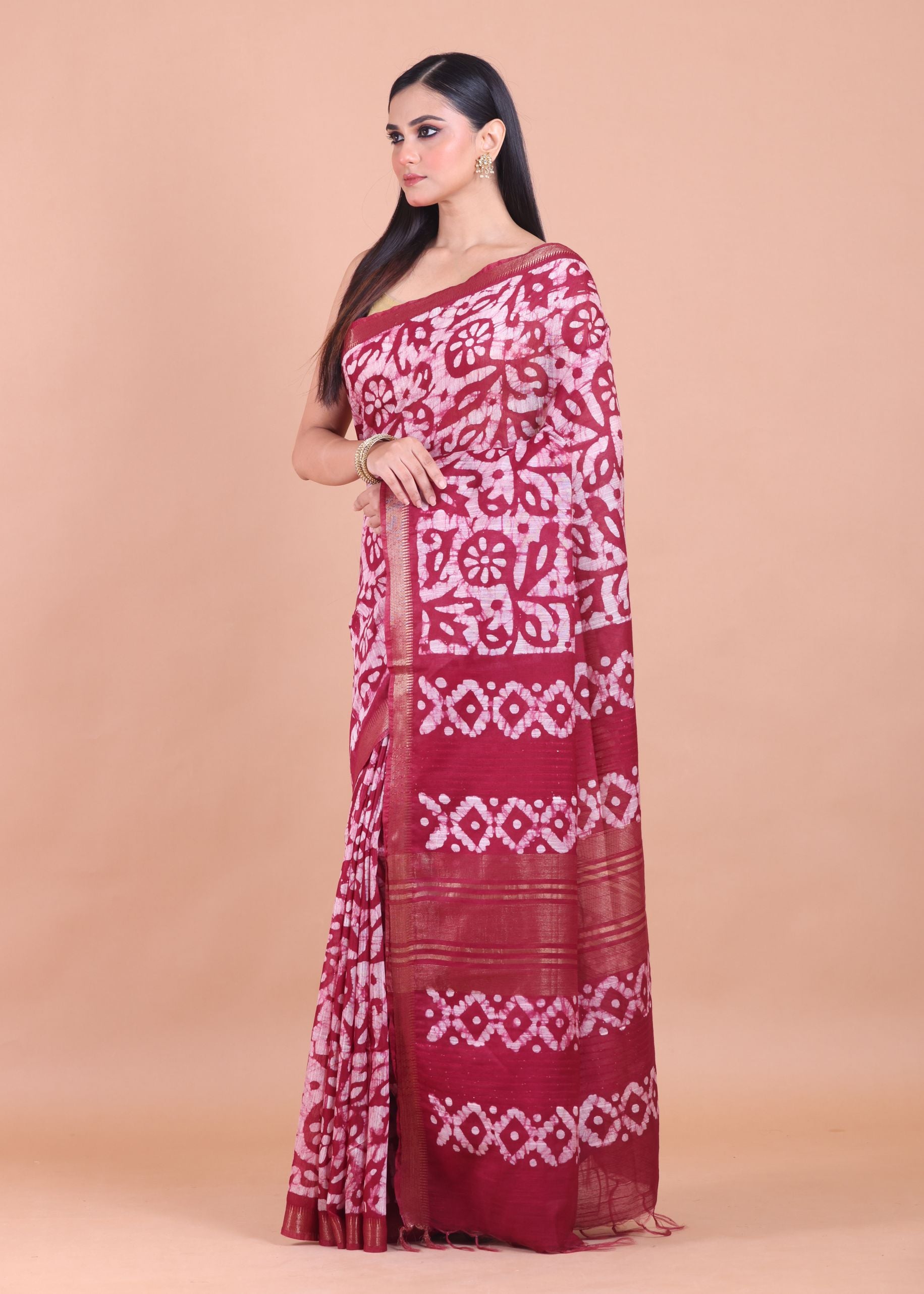 Maroon and White Batik Printed Silk Saree front