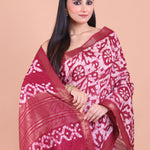 Maroon and White Batik Printed Silk Saree close up