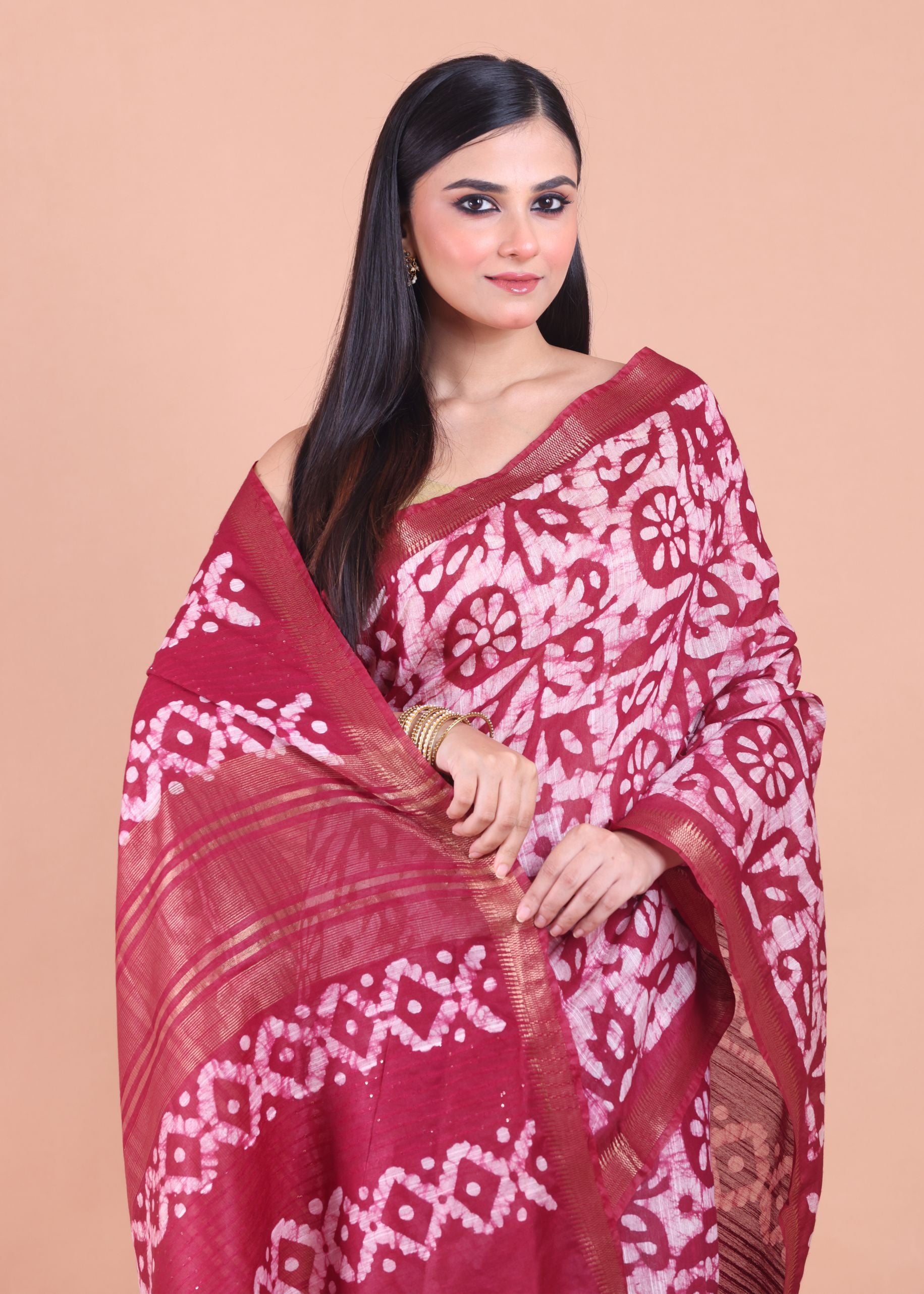 Maroon and White Batik Printed Silk Saree close up