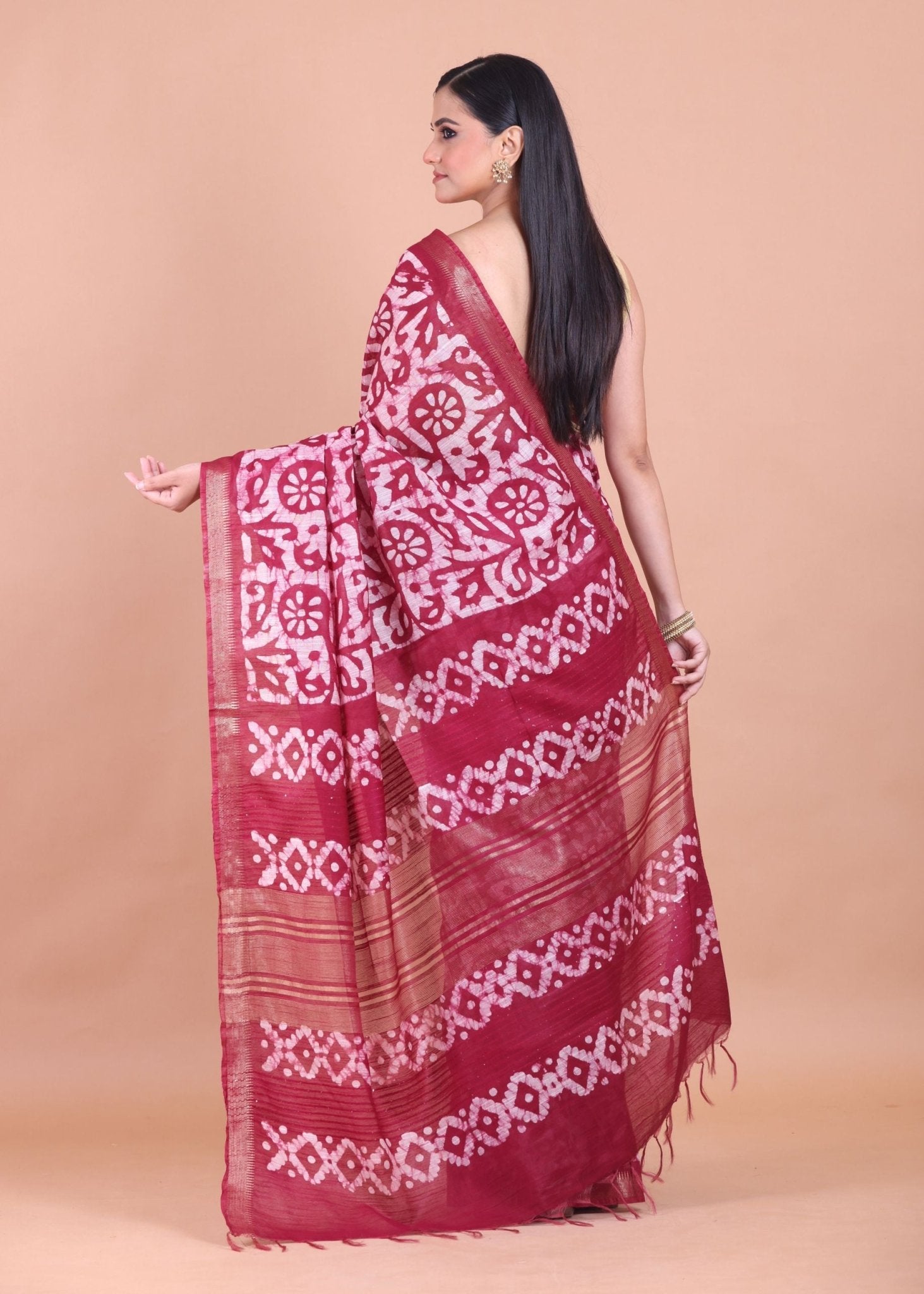 Maroon and White Batik Printed Silk Saree - Anvi Couture