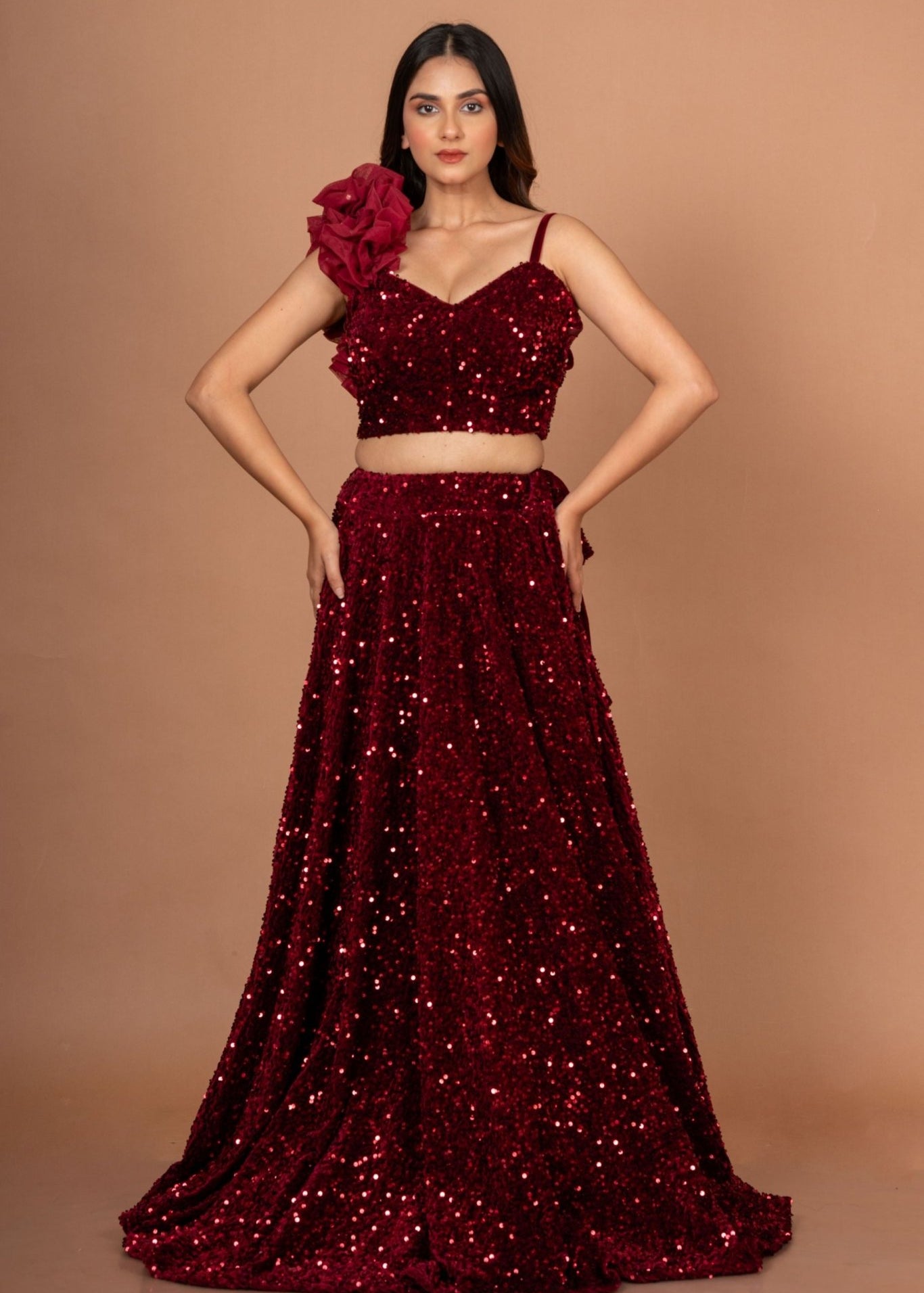 Marron Sequin Designer Crop Top Lehenga Set - Anvi Couture