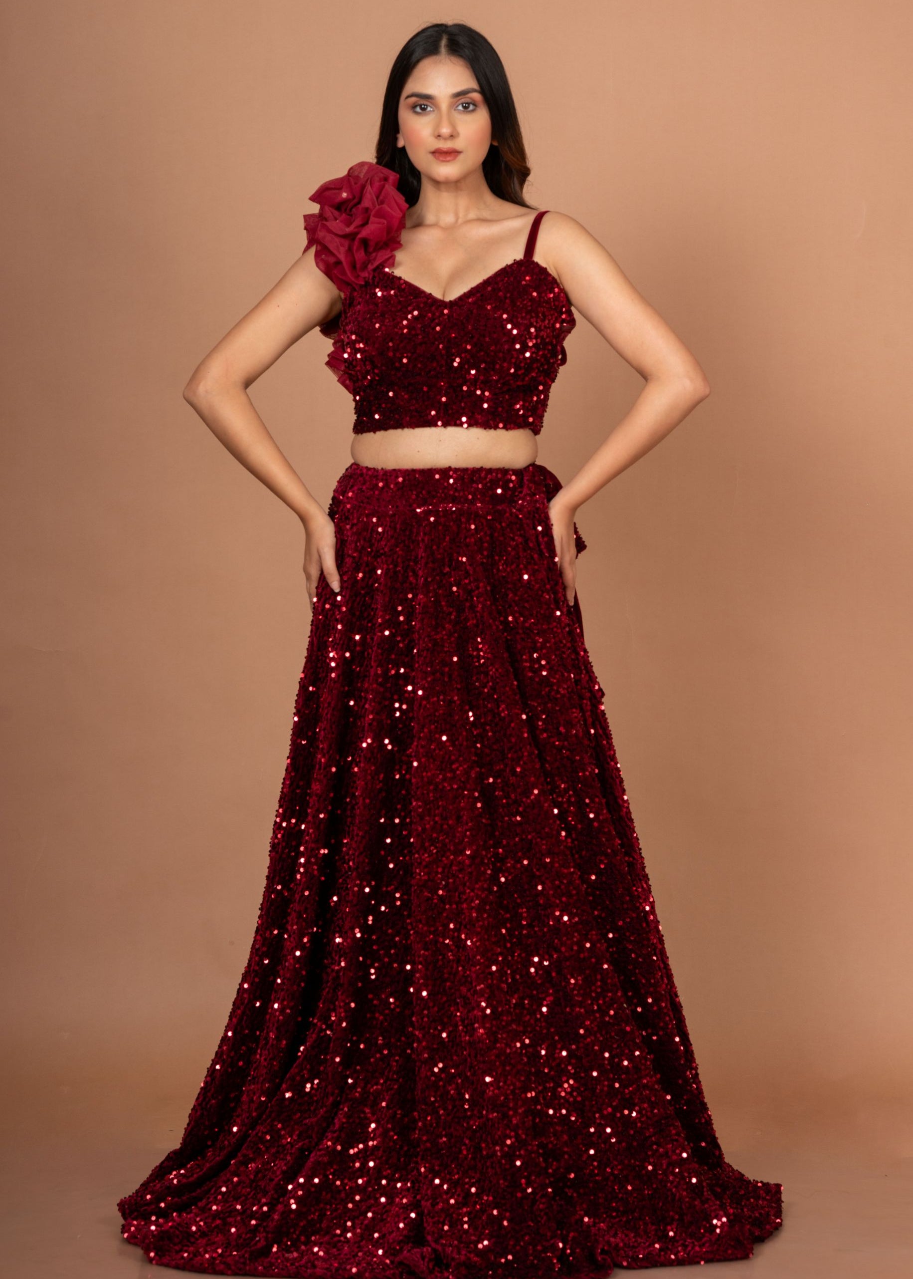 Marron Sequin Designer Crop Top Lehenga Set Full