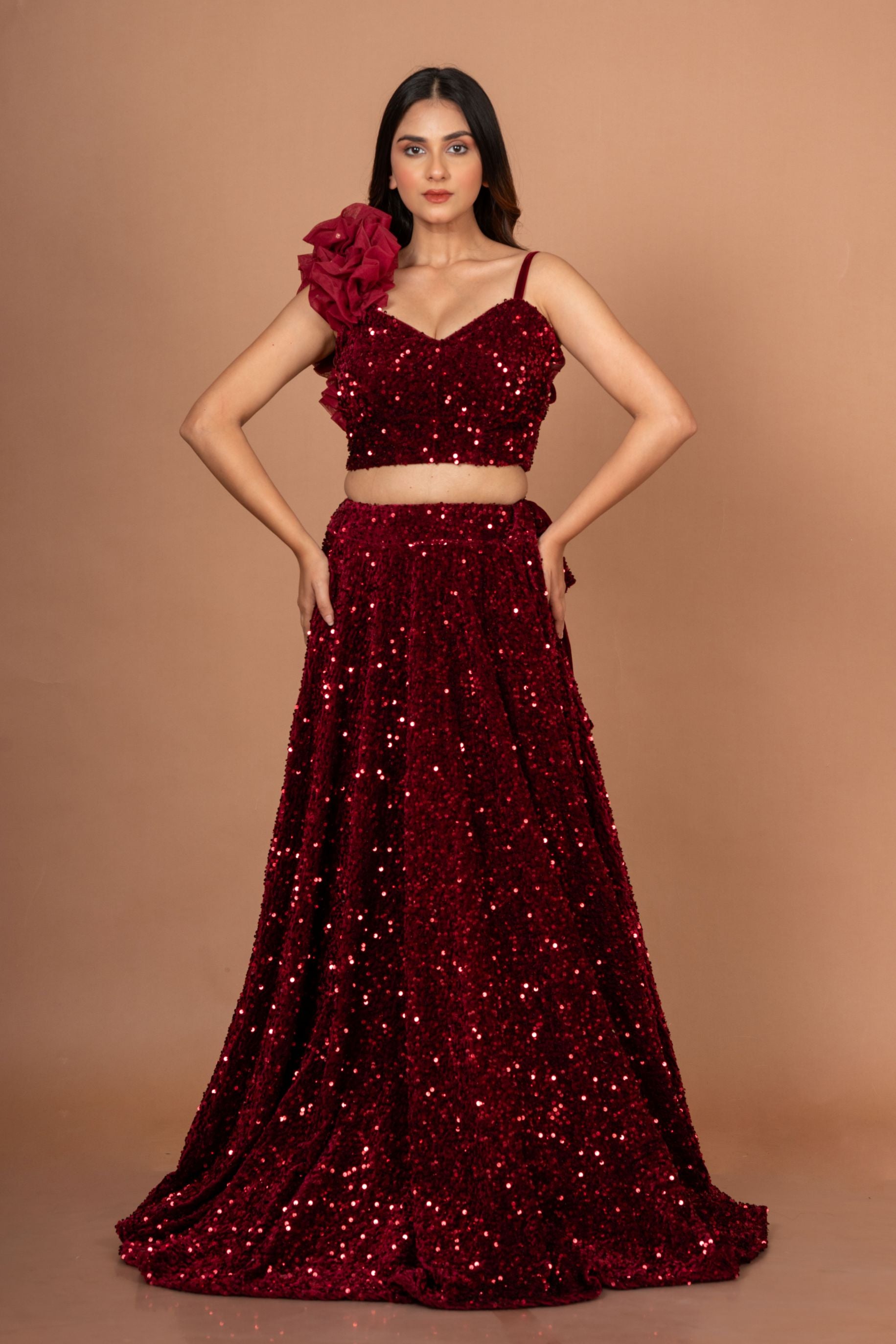 Marron Sequin Designer Crop Top Lehenga Set Full