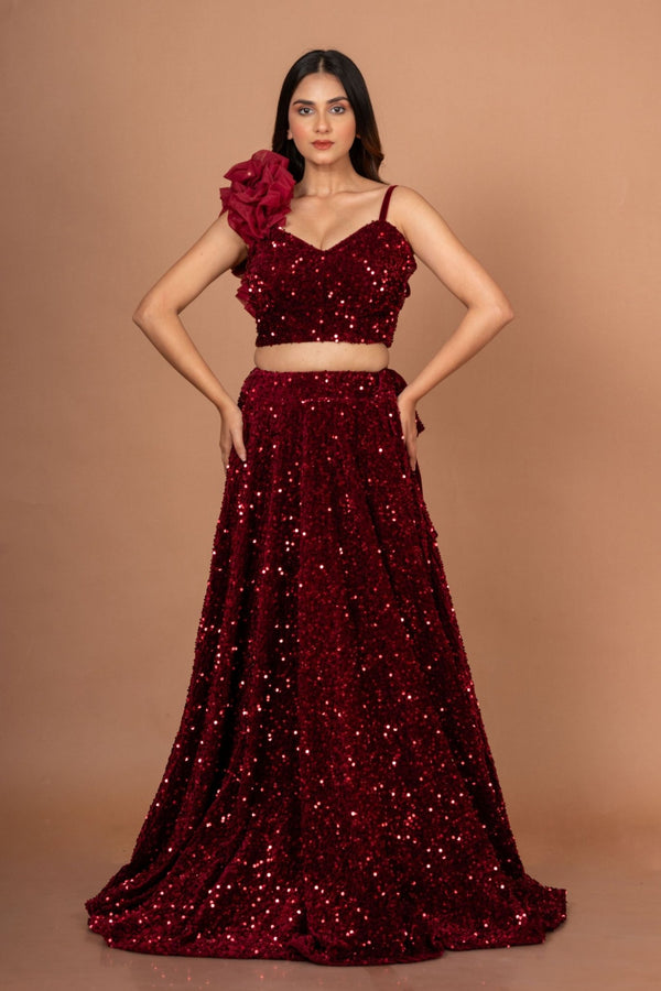 Marron Sequin Designer Crop Top Lehenga Set - Anvi Couture