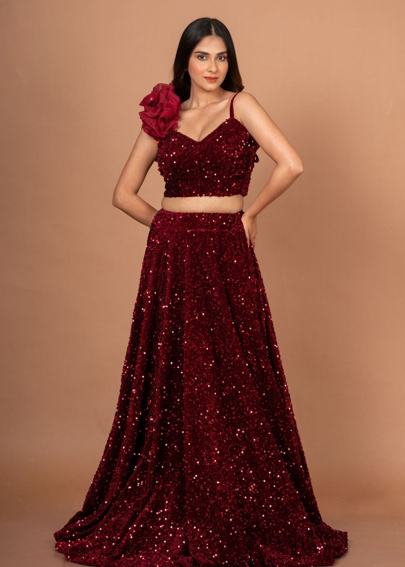 Marron Sequin Designer Crop Top Lehenga Set - Anvi Couture