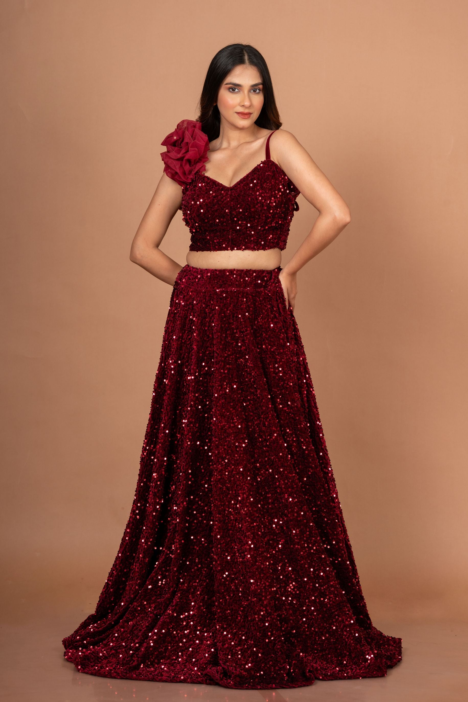 Marron Sequin Designer Crop Top Lehenga Set Front