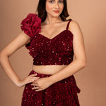 Marron Sequin Designer Crop Top Lehenga Set Close Up