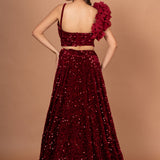 Marron Sequin Designer Crop Top Lehenga Set Back