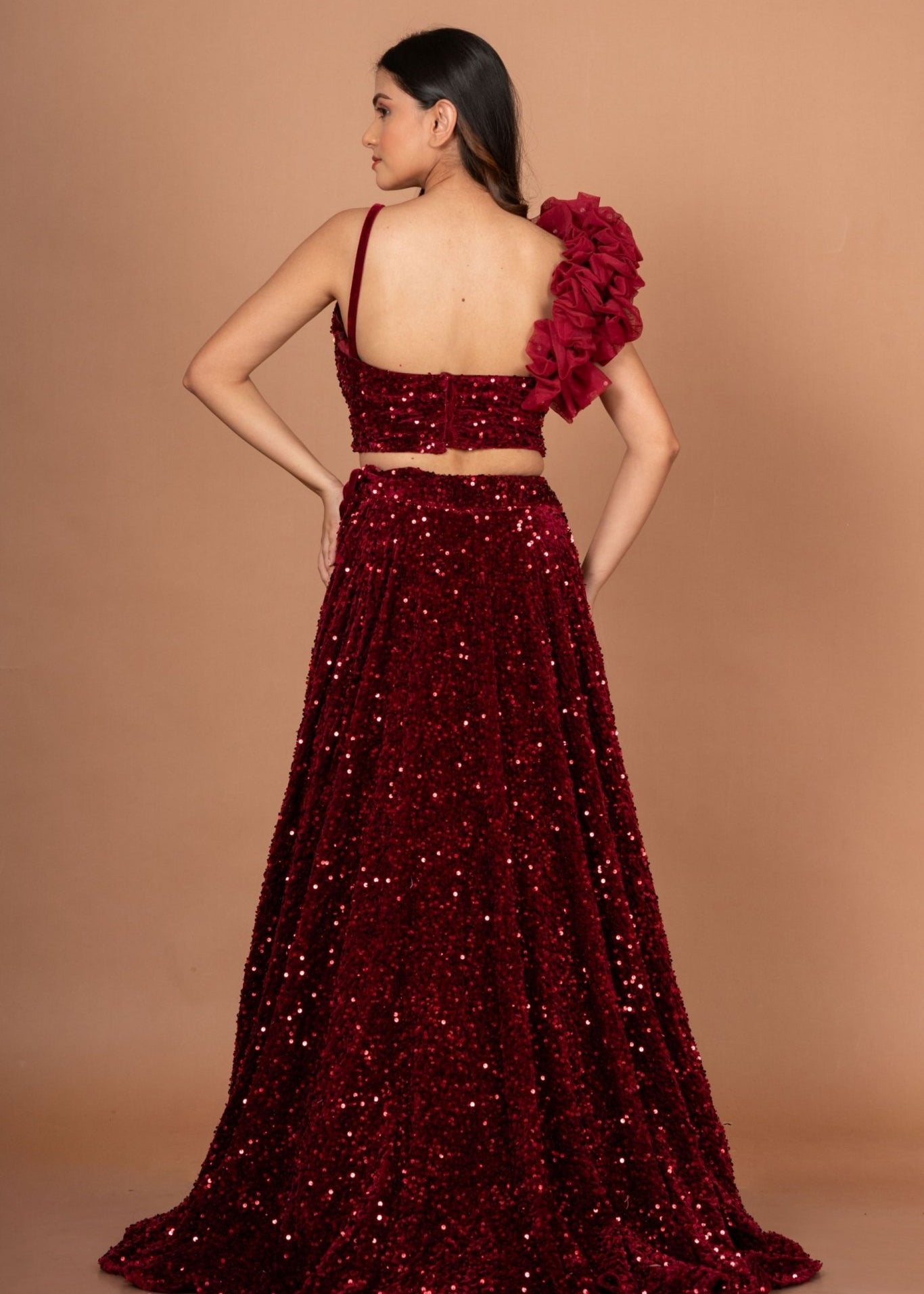 Marron Sequin Designer Crop Top Lehenga Set - Anvi Couture