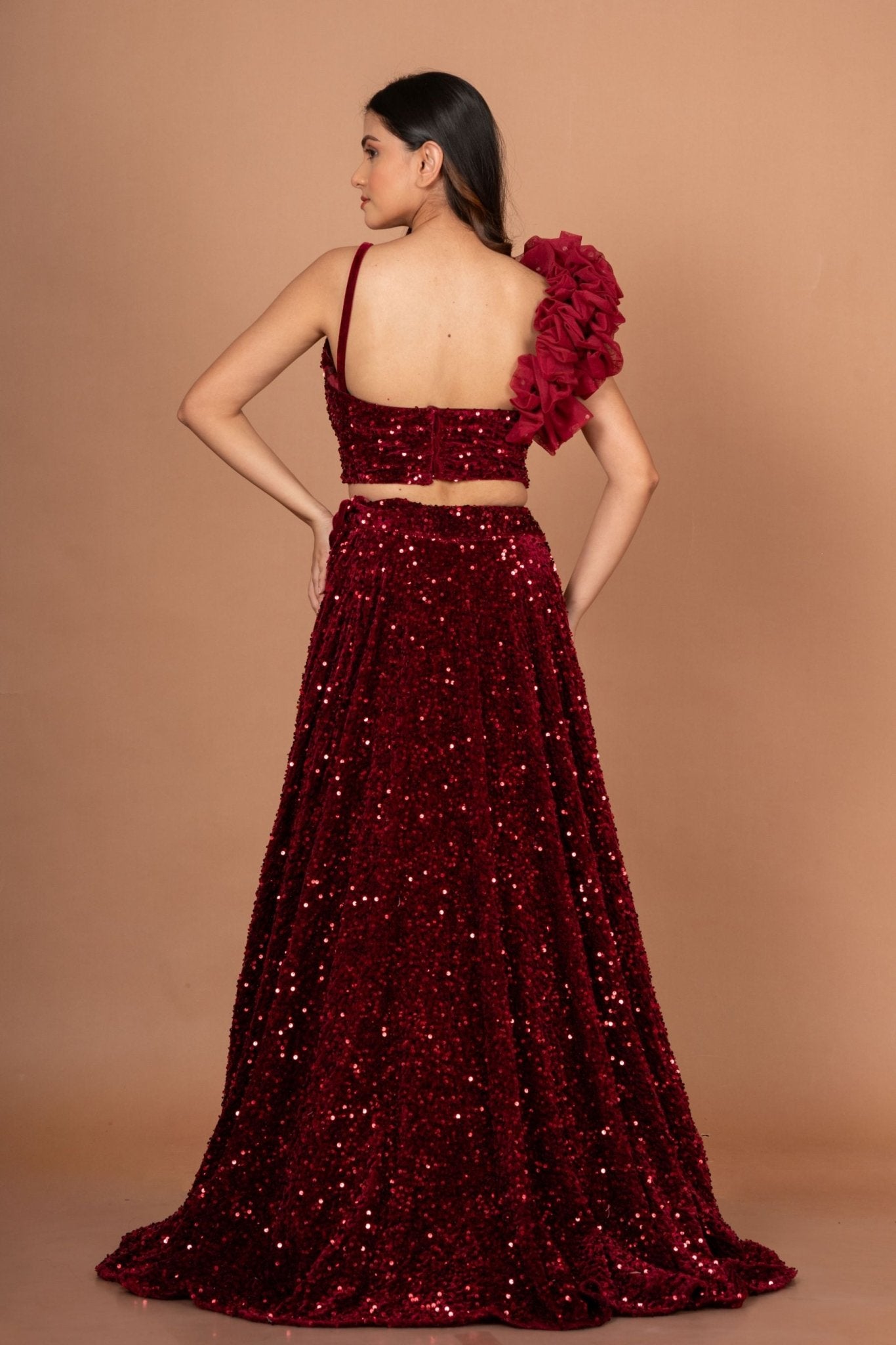 Marron Sequin Designer Crop Top Lehenga Set - Anvi Couture
