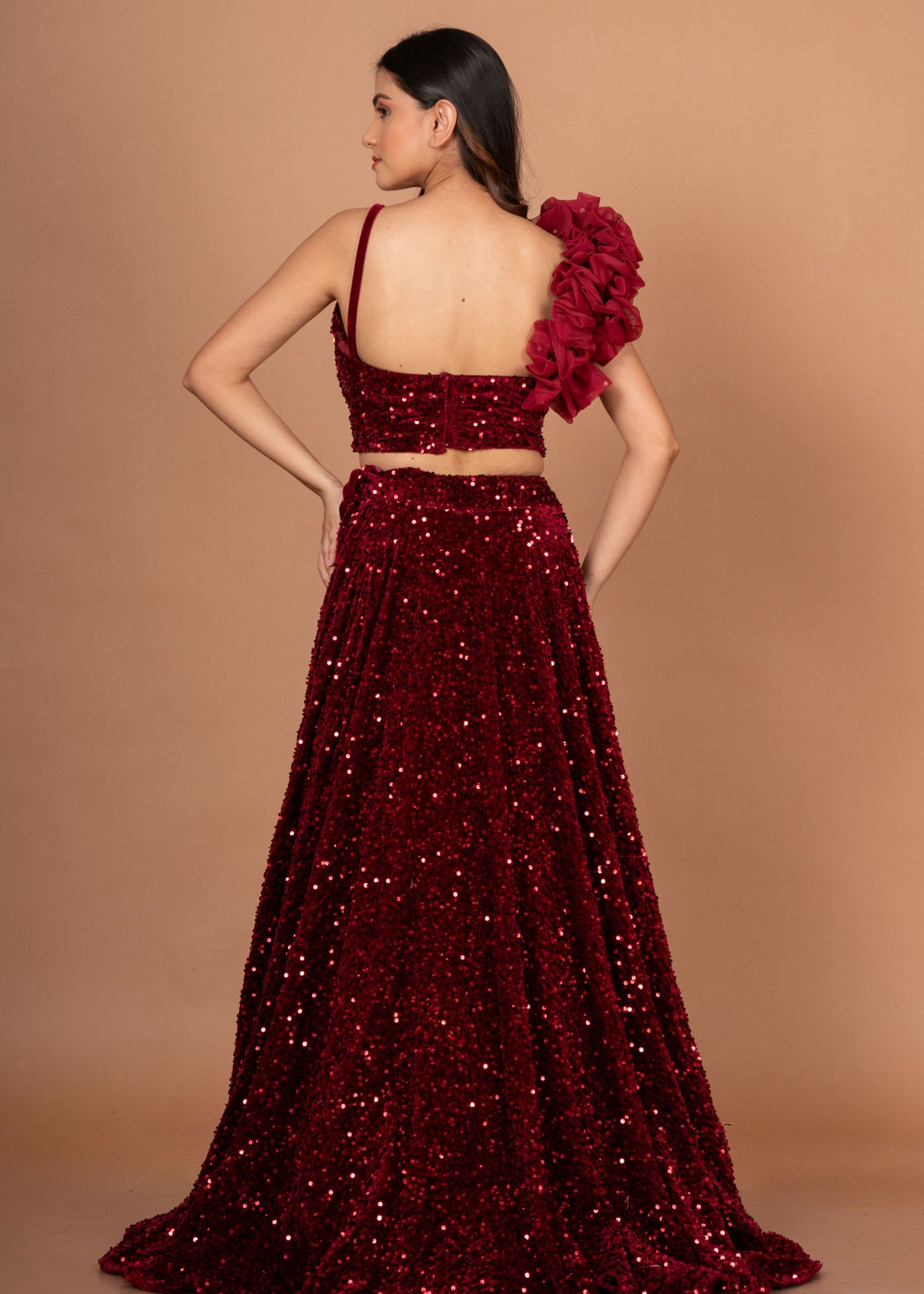 Marron Sequin Designer Crop Top Lehenga Set Back