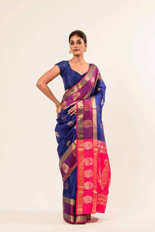 Midnight Blue Kanchipuram Silk Saree with Mayil Butas Weaving